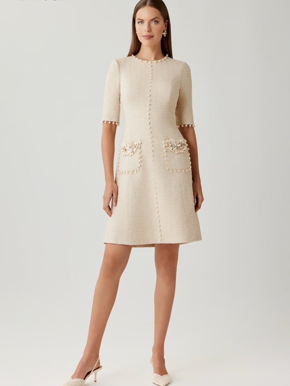 Teri Jon Boucle Dress with Pearl Trim and Pockets NWT